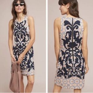 Anthropologie Vanessa Virginia Owen Linen Dress Navy Boho Floral Appliqué Size 6